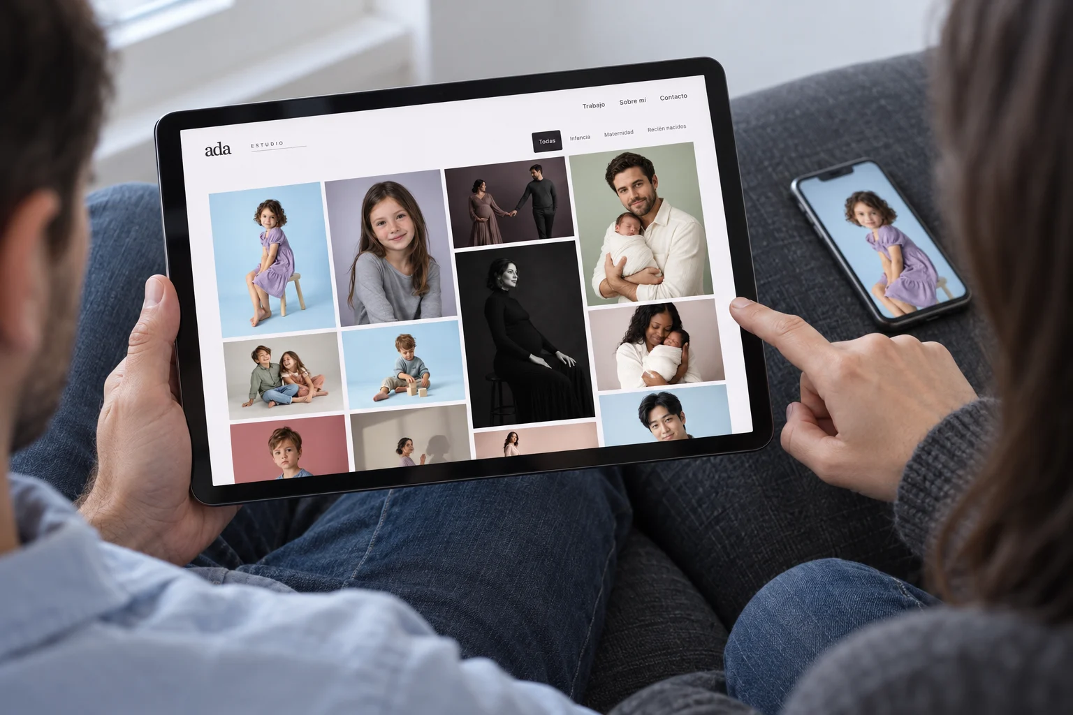 Una pareja recorre una galería fotográfica en una tableta, con un teléfono a su lado